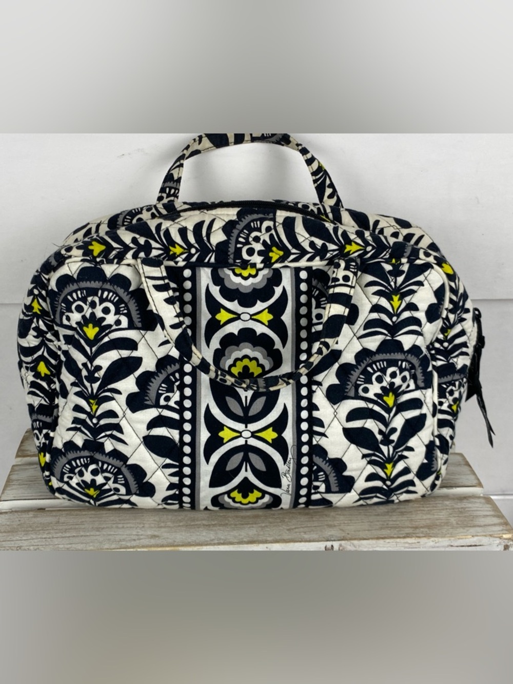 Vera Bradley purse cosmetic Bag tote in the Fanfare Black White pattern.